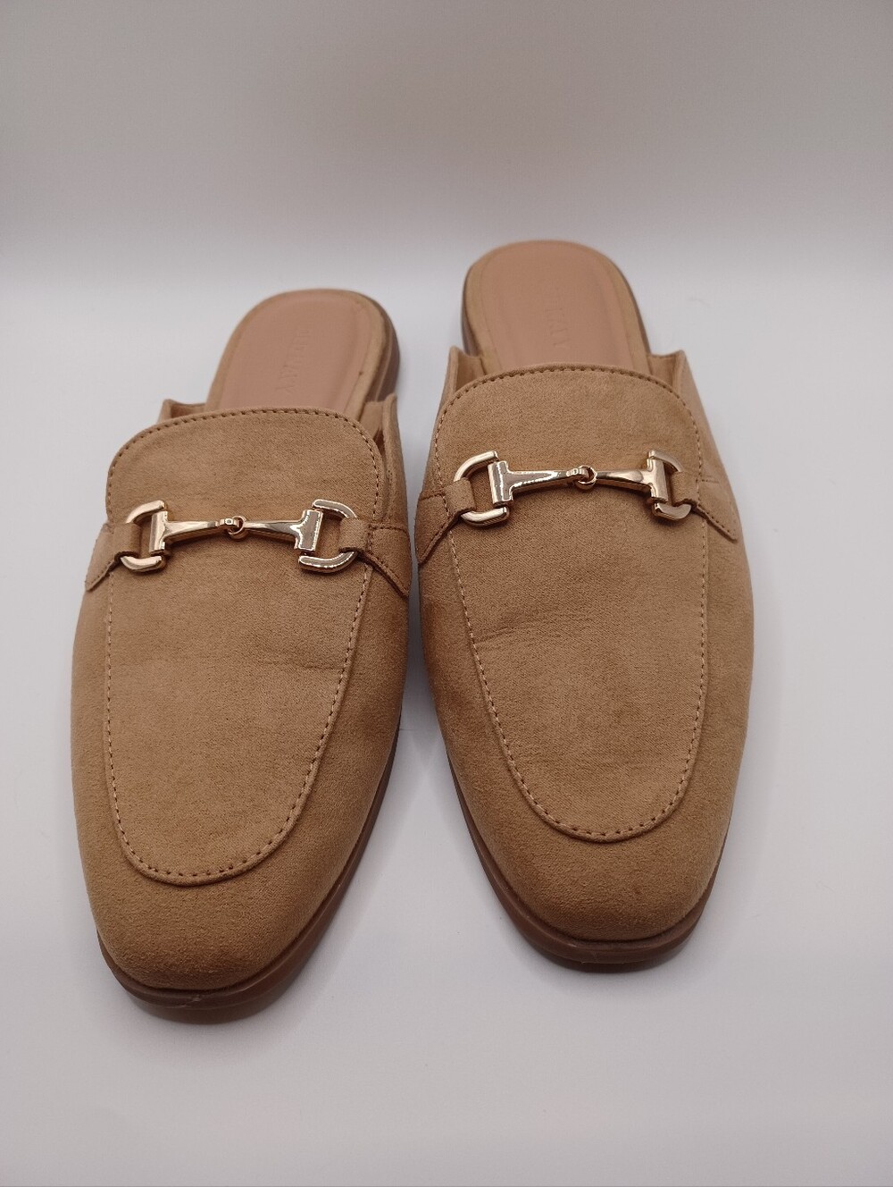 Old Navy Women Size 8 Tan Faux Suede Slip-On Mules with Gold Bit Detail